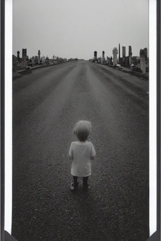 Image similar to photo polaroid of sad and lonely child in the middle of the street, in front of him is a cemetery graves, loneliness, black and white ,photorealistic, 35mm film,