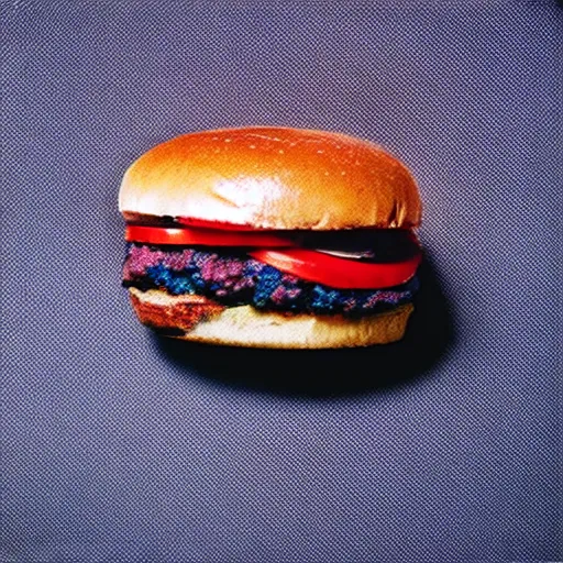 Image similar to photo tasty blue and red burger, food photography cinestill, 800t, 35mm, full-HD