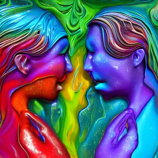 Prompt: 3 d render of two melting psychedelic women kissing, resin pour art, beautiful vibrant colors
