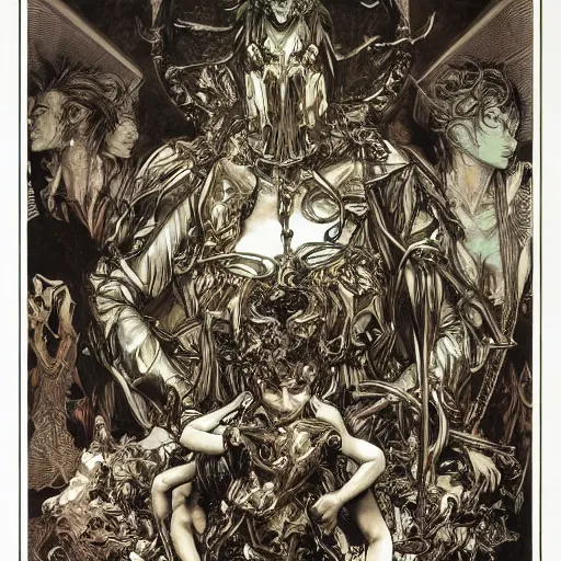 Prompt: gustave dore james gurney greg rutowski yoji shinkawa apophasis shintaro kago apophasis hyperrealism alphonse mucha victo ngai hyperrealism evil satanic shamanic deity combat mech demigod powerful cyborg death god hell hellscape damned souls horrid hyperrealism