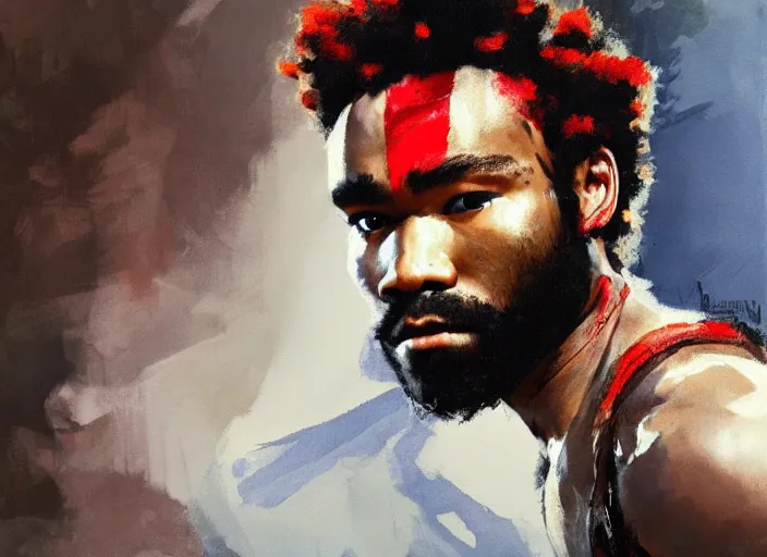 Image similar to a highly detailed beautiful portrait of donald glover as kratos, by gregory manchess, james gurney, james jean