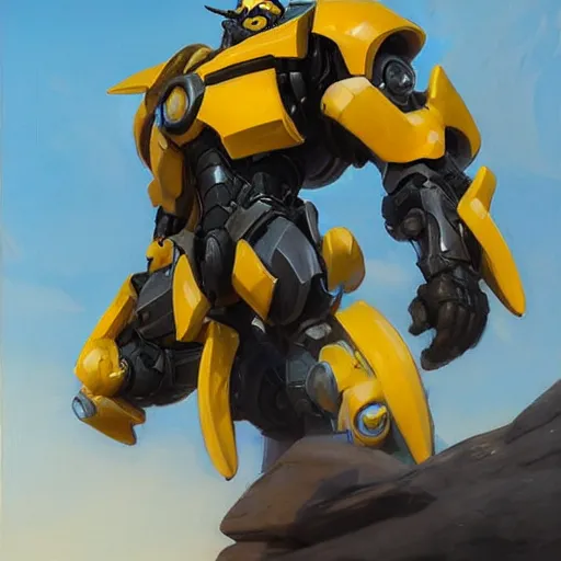 Image similar to greg manchess portrait painting of bumblebee the transformer as overwatch character, medium shot, asymmetrical, profile picture, organic painting, sunny day, matte painting, bold shapes, hard edges, street art, trending on artstation, by huang guangjian, gil elvgren, ruan jia, greg rutkowski, gaston bussiere