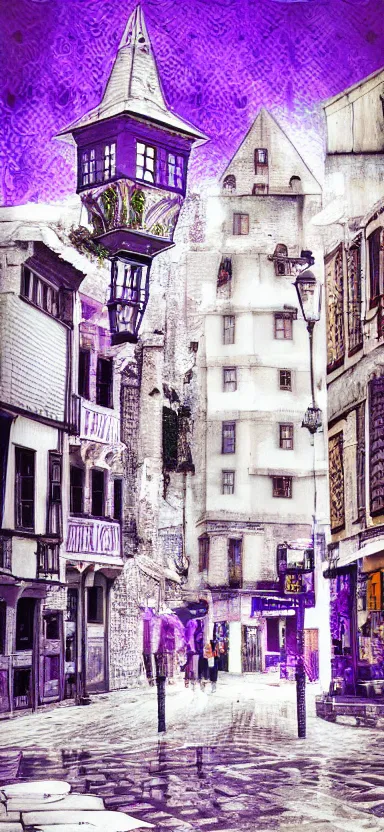 Image similar to “ white and purple medieval city, award winning, digital art ”