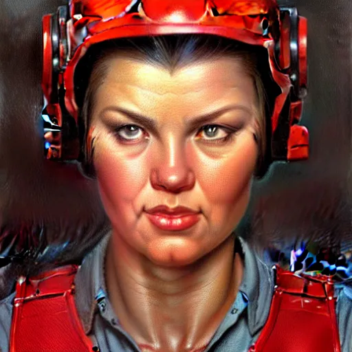 Image similar to epic portrait a slightly muscular woman wearing short sleeved uniform and carrying a red power tool drill, detailed, centered, digital painting, artstation, concept art, donato giancola, Joseph Christian Leyendecker, WLOP, Boris Vallejo, Breathtaking, 8k resolution, extremely detailed, beautiful, establishing shot, artistic, hyperrealistic, beautiful face, octane render