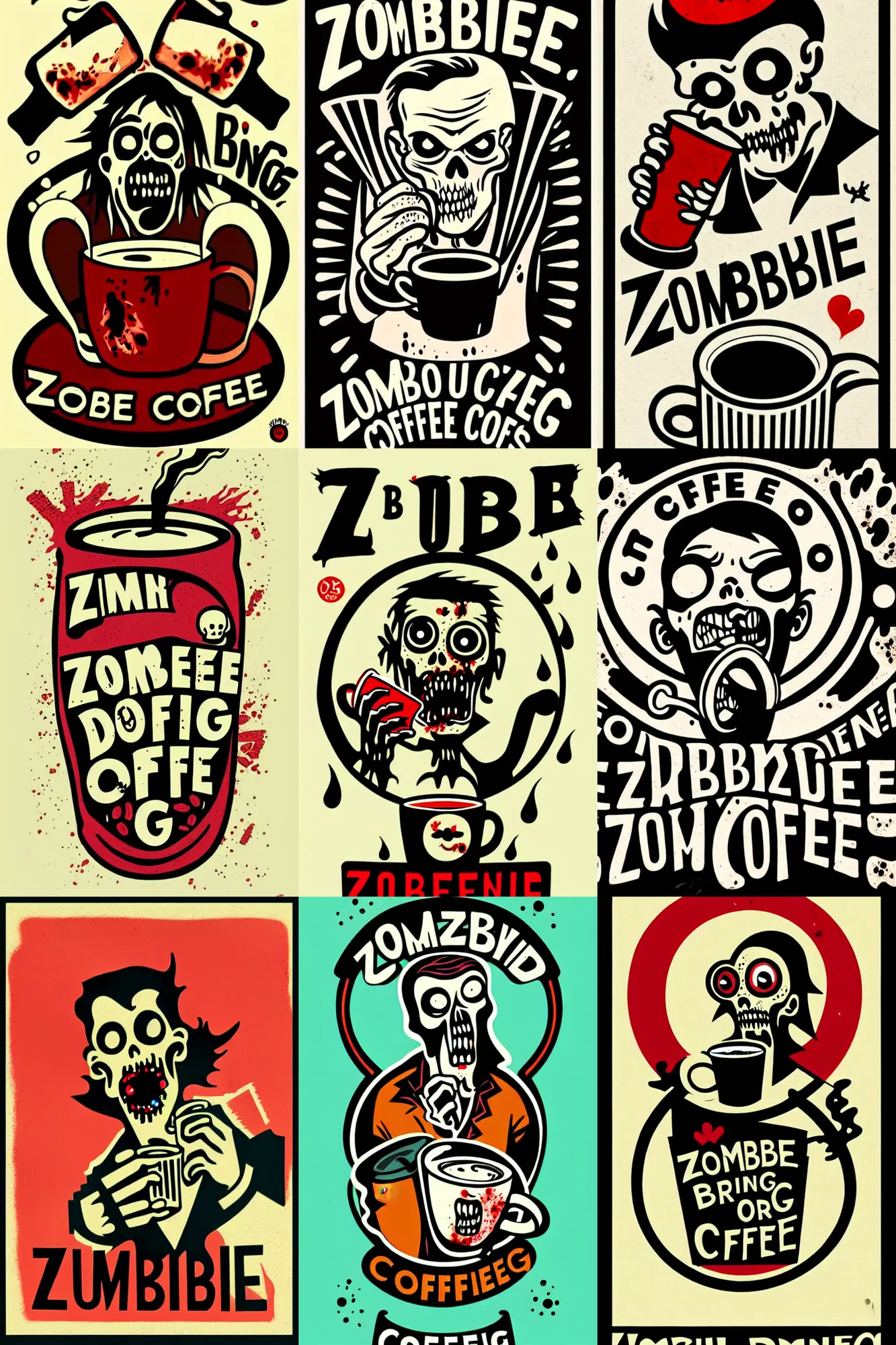 Prompt: zombie drinking coffee logo take away coffee by mcbess, full colour print, vintage colours 1 9 5 0 s, high detail ink
