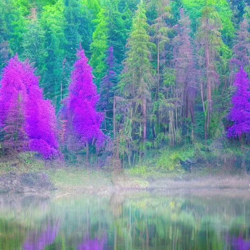 Prompt: ethereal forest with a purple lake