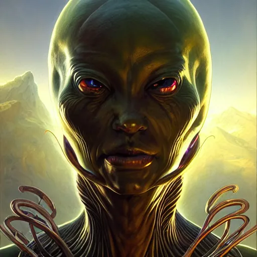 Prompt: a fantasy style portrait painting of a beautiful alien with a futuristic background and dramatic lighting oil painting unreal 5 daz. rpg portrait, extremely detailed wayne barlowe michael whelan artgerm greg rutkowski greg hildebrandt tim hildebrandt michael whelan h r giger moebius