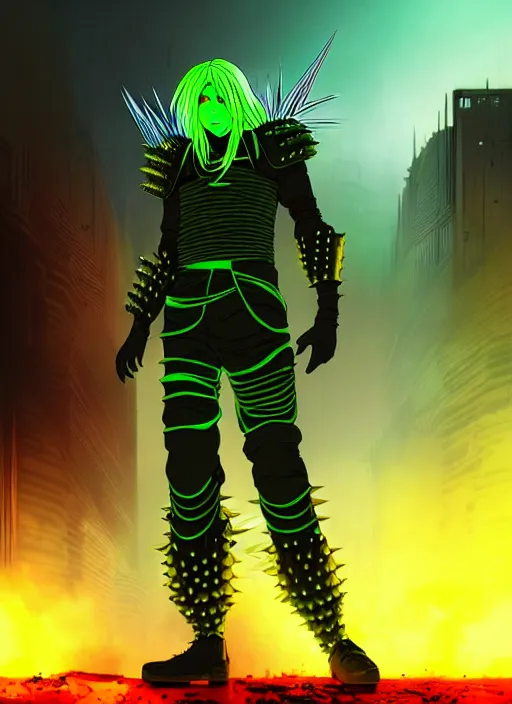 Image similar to a striking cinematic full body manga portrait of a male warrior with long blonde hair and blue eyes wearing evil green spiked cyberpunk armour and standing in the desolate burning ruins of a futuristic city by hirohiko araki and beeple, fine details, digital art, character concept art, volumetric lighting, cinematic light, photorealistic