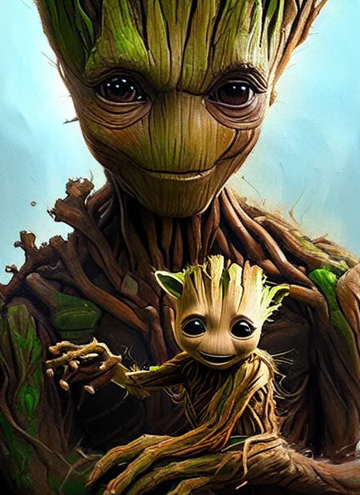 Image similar to very detailed masterpiece painting of groot holding yoda, portrait, artstation, concept art by greg rutkowski