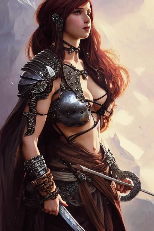 Prompt: Portrait of seductive female barbarian, D&D, revealing stylish dress like metal armor, choker on neck, long flowing hair, mouth slightly open, slight nerdy smile, fantasy, intricate, elegant, highly detailed, digital painting, artstation, concept art, smooth, sharp focus, illustration, art by artgerm and greg rutkowski and alphonse mucha