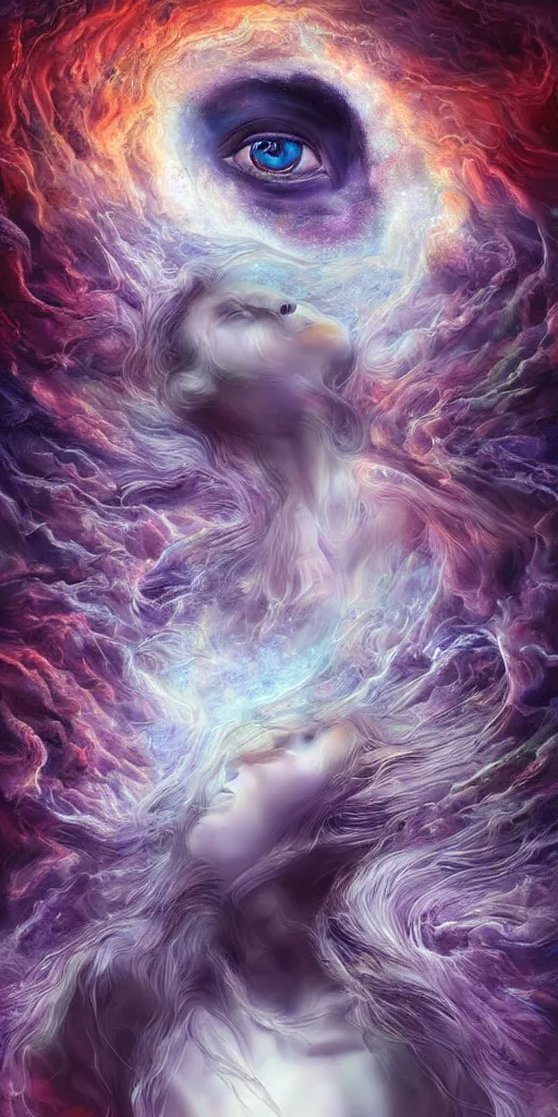 Prompt: insanely surreal dynamic digital painting of god grieving cosmic tears, hyper detailed by random artists, beautiful, transient, elegant, transcendental, sad, photorealistic, cinematic