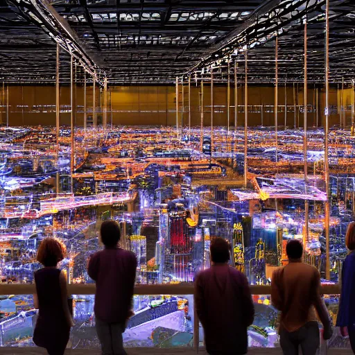 Image similar to crane shot of large group people in open warehouse, looking at hologram of futuristic city on a table, cinematic concept, godrays, golden hour, natural sunlight, 4 k, clear details, tabletop model buildings, tabletop model, ethereal hologram center, crane shot, crane shot, rule of thirds, people, people, award winning