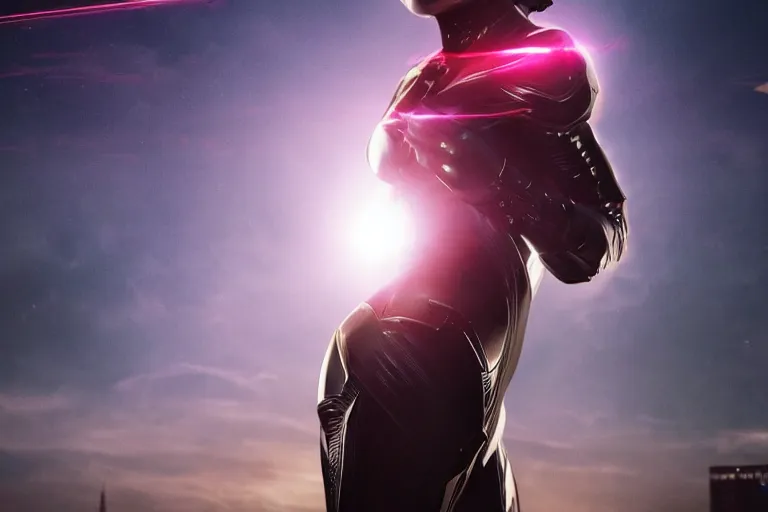 Image similar to VFX movie closeup portrait of a futuristic inhuman alien hero woman in spandex armor in future city, hero pose, beautiful skin, night lighting by Emmanuel Lubezki