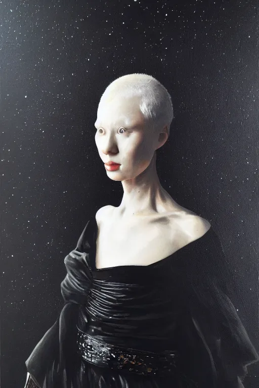 Image similar to hyperrealism oil painting, close - up portrait of albino medieval fashion model, black silk, steel gradient mixed with nebula sky, in style of baroque