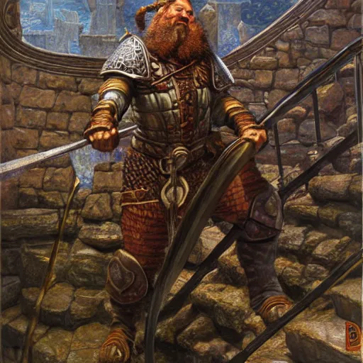 Image similar to The dwarven warrior cleric is standing on the stone spiral staircase and is confused, art by Donato Giancola and James Gurney, digital art, trending on artstation