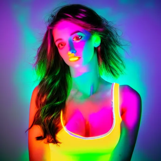 Image similar to a girl glowing with neon colors, high details, photo model
