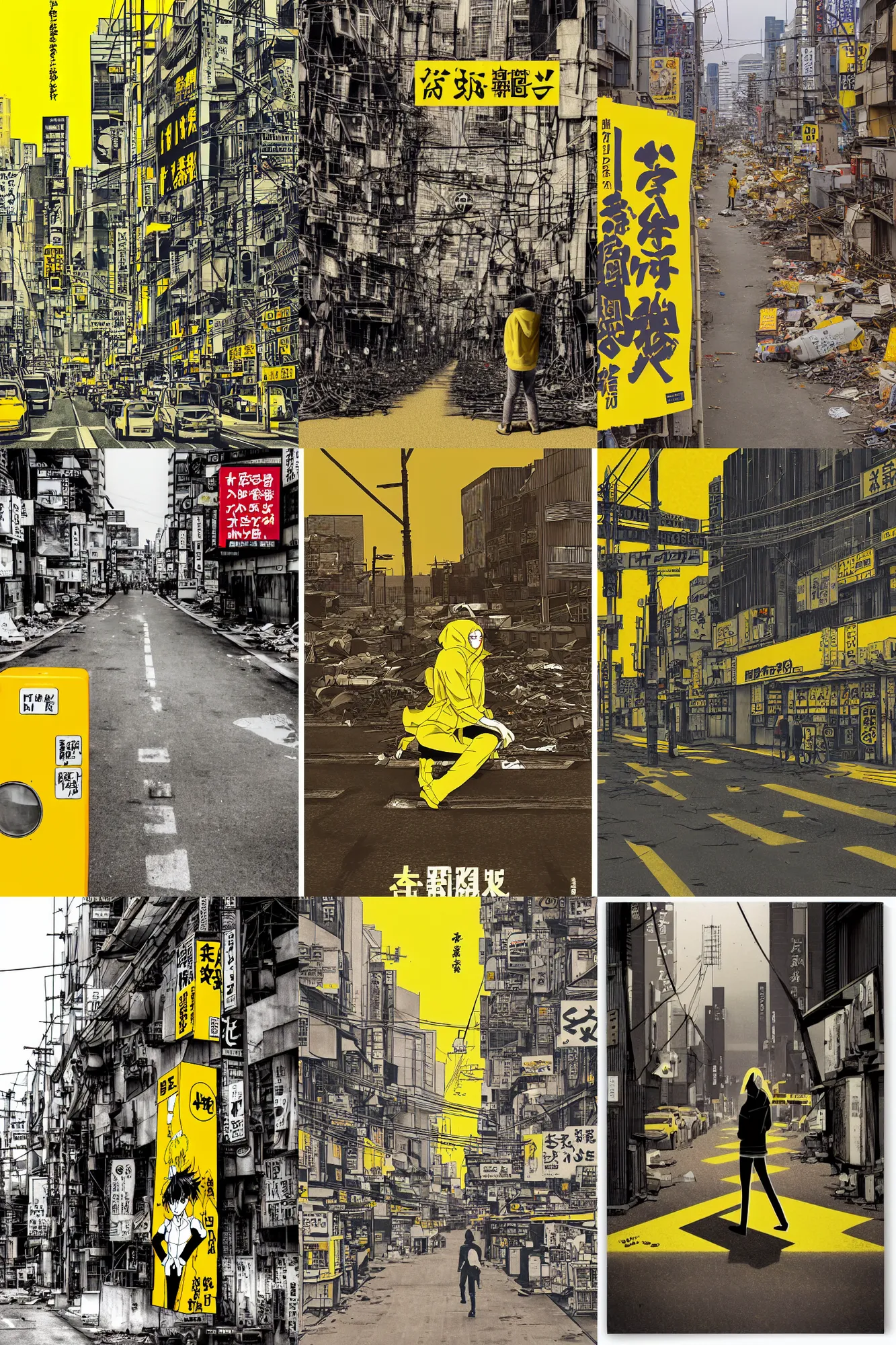 Prompt: bold yellow title kanji, anime, tatsuyuki tanaka movie poster, pale yellow sky, crosswalk, shinjuku, koji morimoto, masamune shirow, foggy, colossal robot, bright sun bleached ground, paper texture, distant shot of hoody girl sitting in deserted dusty shinjuku junk town, old pawn shop, tangled overhead wires, telephone pole, dusty, dry, 4k, dynamic camera angle, deep 3 point perspective, fish eye, dynamic scene