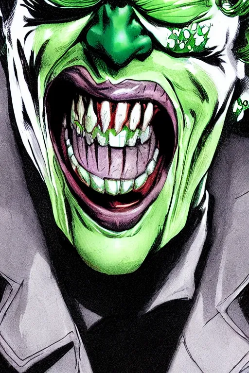 Prompt: angry joker, clenching teeth, with ghost smokes behind, green scary lights, illustration, jason fabok, jim lee, mark brooks, alex ross style, dark fantasy color scheme, cinematic, mysterious