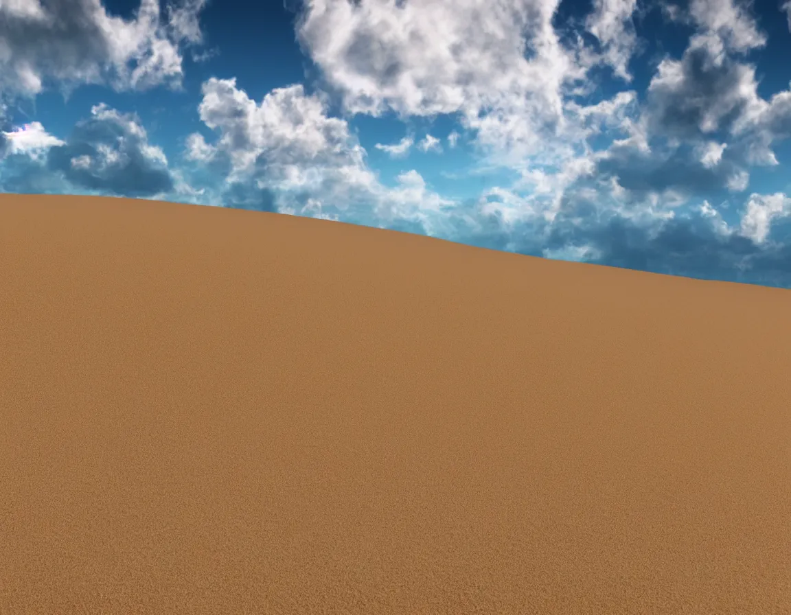 Image similar to 3 d rendering o photorealistic flying sandy beach flat planet, beautiful soft lighting, fluffy clouds