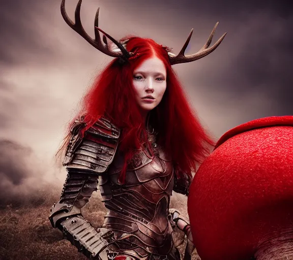 Image similar to a portrait photo of an armored woman warrior redhead with antlers sitting on the edge of a giant red cap mushroom that covers a whole town and reaches above the clouds by luis royo. intricate. lifelike. soft light. sony a 7 r iv 5 5 mm. cinematic post - processing