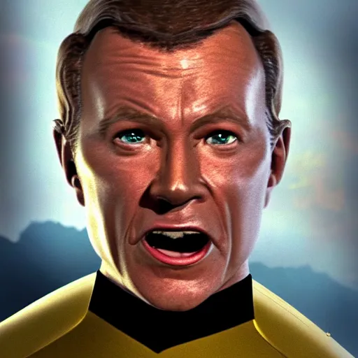 Image similar to photograph of captain j. kirk from star trek screaming in terror. sharp photograph, sharp focus, highly detailed,, detailed face!!, ultra realism, dramatic lighting, zeiss lens, canon eos, detailed skin, dynamic pose, 8 k resolution, hyperrealism, portrait photography