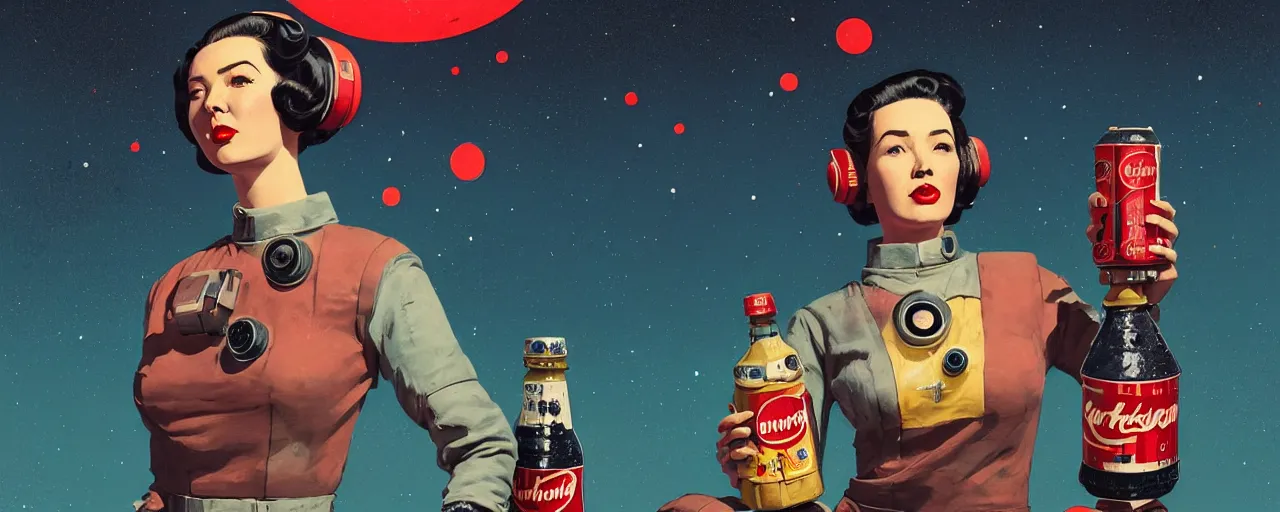 Prompt: duotone noir retrofutiristic concept illustration 3 / 4 portrait of vintage female fallout 4 model in retro space suit advertising bottles nuka cola. accidental renaissance. by sachin teng and sergey kolesov and ruan jia and heng z. graffiti art, scifi, fantasy, hyper detailed. octane render. concept art. trending on artstation