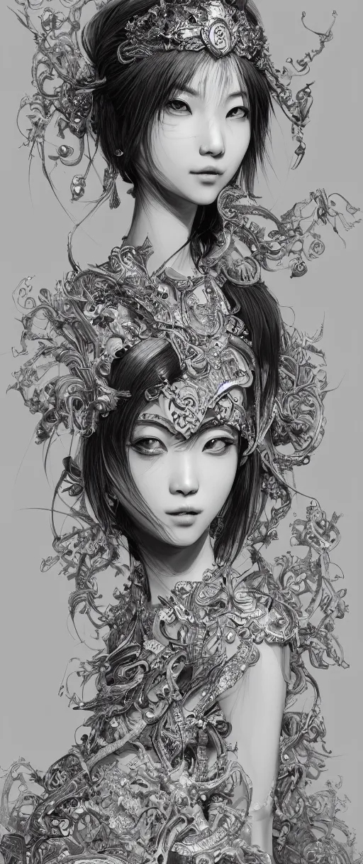 Image similar to the portrait of an absurdly beautiful, graceful, elegant, sophisticated, fashionable young asian girl with third eye, an ultrafine hyperdetailed illustration by kim jung gi, irakli nadar, intricate linework, bright colors, final fantasy, unreal engine 5 highly rendered, global illumination, radiant light, detailed and intricate environment