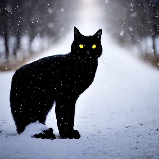 Image similar to Award winning photo of a black cat in a snowy forest at afternoon, lens flare, bokeh, telephoto