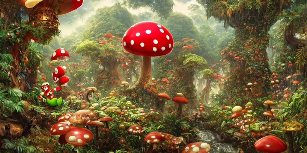 Prompt: Yoshi jumping out of Warp pipe, jungle landscape, Mushroom Kingdom, Super Mario Theme, giant red and white spotted mushrooms, by Stanley Artgerm Lau , greg rutkowski, thomas kindkade, alphonse mucha, loish, norman Rockwell