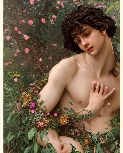 Prompt: 3 / 4 portrait, young male spring god, brown skin, dark hair, dress made of flowers and vines, beautiful, flowers, detailed field background, jewelry, artstation, artgerm, eerie, alphonse mucha, william bouguereau, rossdraws, greg rutkowski, super detailed, illustration, realistic, octane render, sharp focus, cinematic, 8 k