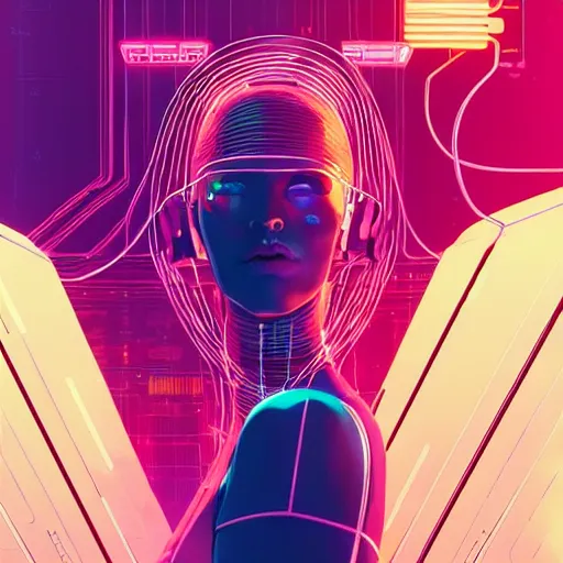 Image similar to a portrait of a beautiful cybernetic woman connected to a synthesizer from hell, wires, cyberpunk concept art by josan gonzales and jean claude meziere and syd mead