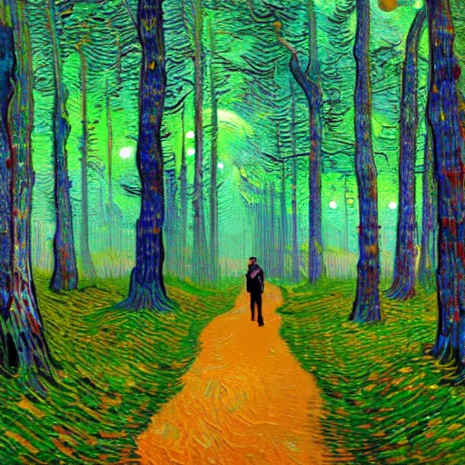 Image similar to walking through forest, psychadelic, van gogh, trending on artstation