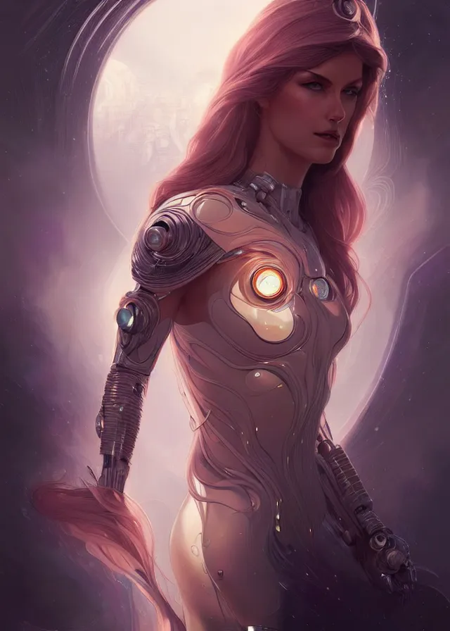 Image similar to futuristic woman portrait, sci-fi, amber eyes, face, long hair, fantasy, intricate, elegant, highly detailed, digital painting, artstation, concept art, smooth, sharp focus, illustration, art by artgerm and greg rutkowski and alphonse mucha