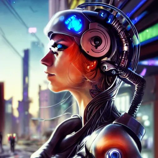 Image similar to Side view of a cyborg demon blond in cyberpunk headset and helmet on the street of a cyberpunk city, sci-fi, fantasy, intricate, very very beautiful, elegant, highly detailed, digital painting, artstation, concept art, smooth, sharp focus, illustration, art by artgerm and greg rutkowski and alphonse mucha