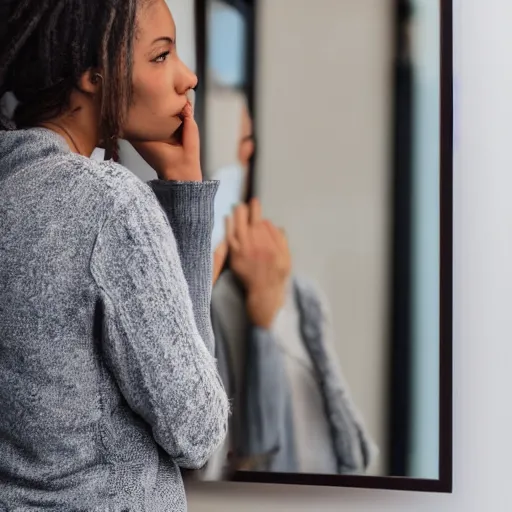 Image similar to a beautiful woman looking at her reflection in the mirror