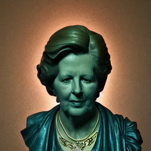 Image similar to beautiful lifelike award winning marble statue bust of margaret thatcher trending on art station artgerm greg rutkowski alphonse mucha museum quality cinematic atmospheric