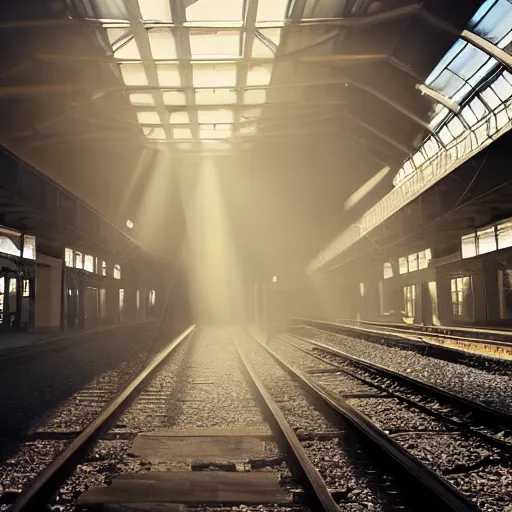 Image similar to an cavernous and expansive train terminal, sun rays coming in through windows, smoky and dusty air, people in a train station, photograph by hal morey, featured on cg society, light and space, volumetric lighting, matte drawing, cinematic, moody, dramatic, global illumination