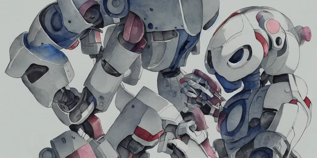 Image similar to watercolour painting of a broken robot repairing its own arm, anime, pencil lines, light watercolour, pale sky, beautiful artwork, anime screenshot, akihabara