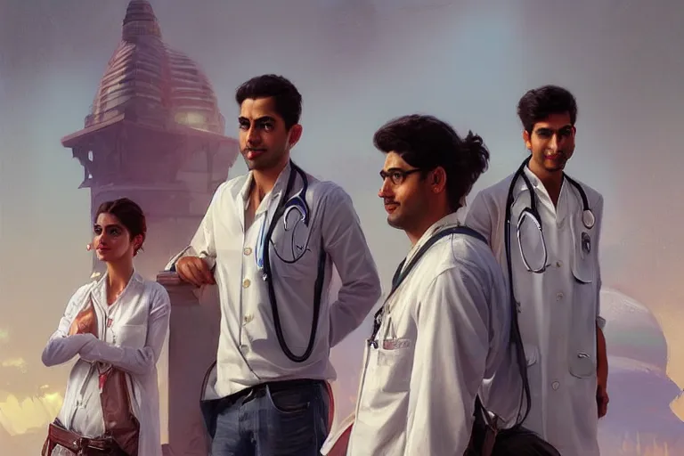 Image similar to Anxious good looking pale young Indian doctors wearing American clothes at the airport, portrait, elegant, intricate, digital painting, artstation, concept art, smooth, sharp focus, illustration, art by artgerm and greg rutkowski and alphonse mucha