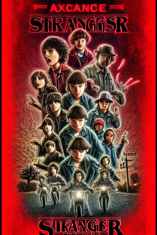 Prompt: Poster for the 5th season of Stranger Things, Demons, horror, pure evil, Series on Netflix, disaster, Hawkins, Vecna, Movie poster, poster, design, Symmetry, Symmetrical, Border, Framed