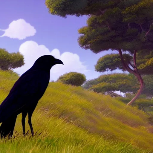 Image similar to a wholesome animation key shot of a crow on a hill, studio ghibli, pixar and disney animation, sharp, rendered in unreal engine 5, anime key art by greg rutkowski, bloom, dramatic lighting