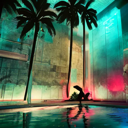 Image similar to a photograph of a broken statue in a surreal underground swimming pool surrounded by palm trees water and neon lights, vaporwave, unreal engine, octane render, dramatic lighting, volumetric lighting, neon lighting, ultra detailed, photorealistic