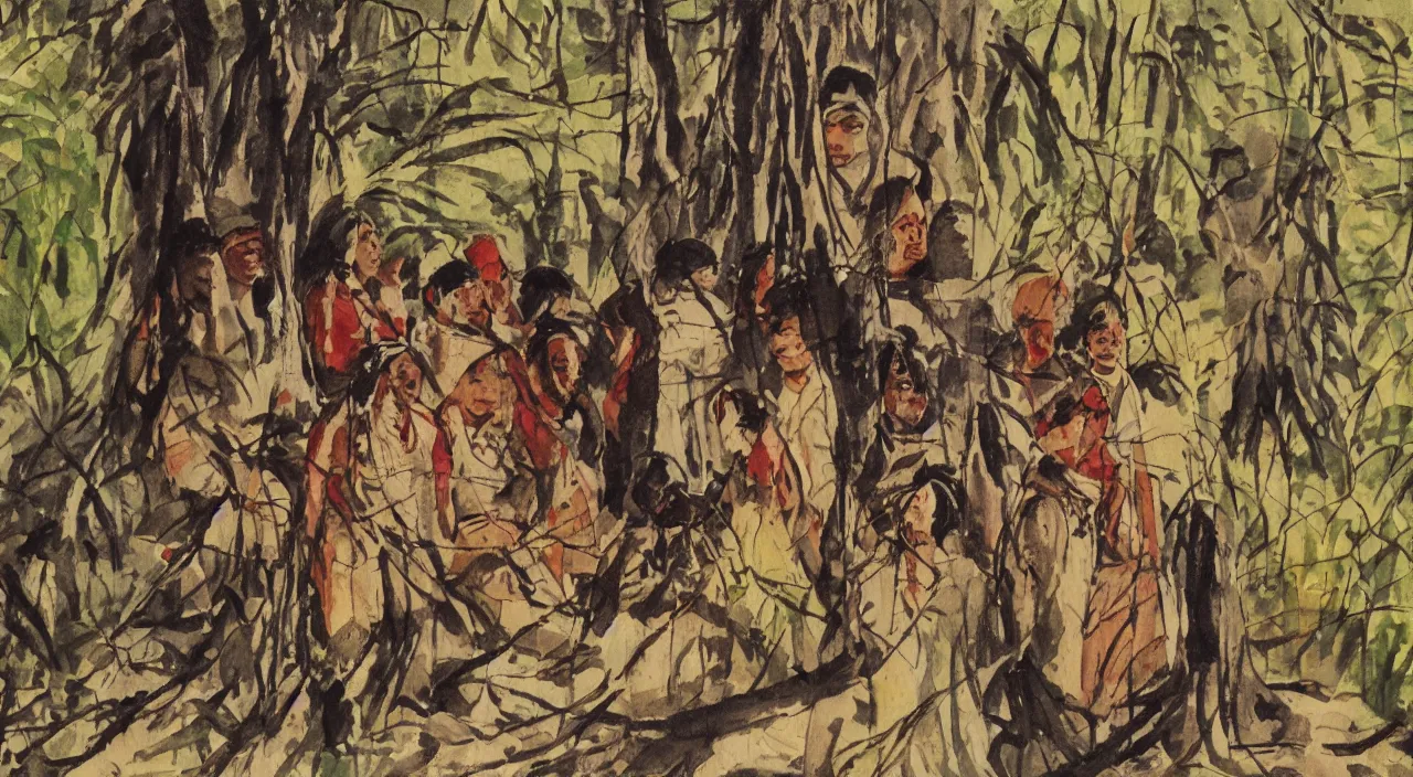 Prompt: close up portrait of Indian natives are waiting, hidden in the woods, watercolour by Hugo Pratt, oil on canvas