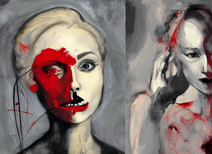 Image similar to a painting of annasophia robb bent with frozen cold stare, blood red background, transparent gray long dress, stockings, crows swarming trapped in the void as a symbol of death, in style of Francis Bacon, Ilya Kuvshinov, John Singer Sargant, impasto textures of Chaim Soutine and Frank Auerbach, American Gothic