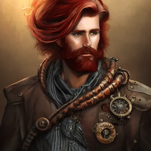 Prompt: rugged ship captain, male, handsome, red hair, long hair, handsome, fantasy, intricate, elegant, highly detailed, steampunk, digital painting, artstation, concept art, character art, smooth, sharp focus, illustration, art by artgerm