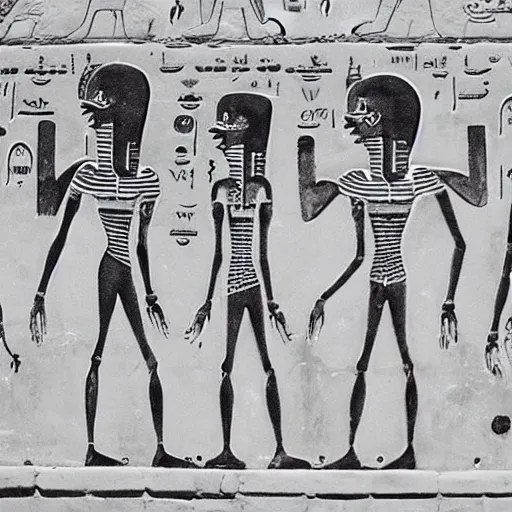 Image similar to gray aliens drawn on a egypt wall