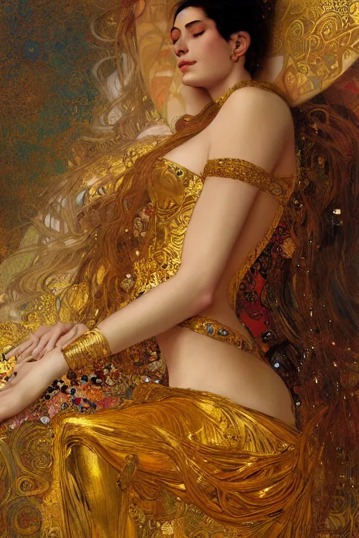 Prompt: an intricate artistic pose painting of a beautiful young goddess with an artistic sensual pose in bed with klimt golden motives and textures, hyper detailed, ornamental gold headpiece, octane render, vivid colors, artstation, by jeremy mann, by alphonse mucha, by boris vallejo