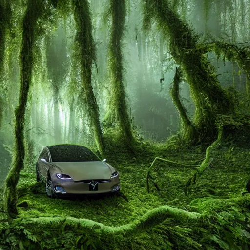 Image similar to A cinematographic 30mm shot of crashed white tesla cars resembling skeletons of whales outgrown by moss, vines and ferns, submerged in a lush and dense forest, dusk light filtering from the trees below. The scene is apocalyptic, eerie but serene, volumetric, 8k, high resolution