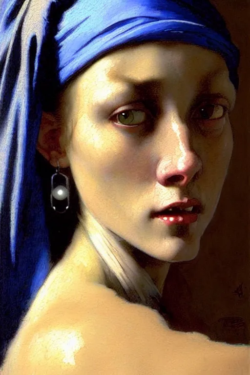 Image similar to full character portrait system shock character not the girl with the pearl earring character design, painting by gaston bussiere, katsuya terada, nc wyeth, greg rutkowski, craig mullins, vermeer, frank frazetta, mucha, tom of finland, trending on artstation, jeffery catherine jones