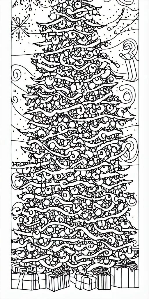 Image similar to black and white coloring book page of christmas trees, christmas decorations and candy canes